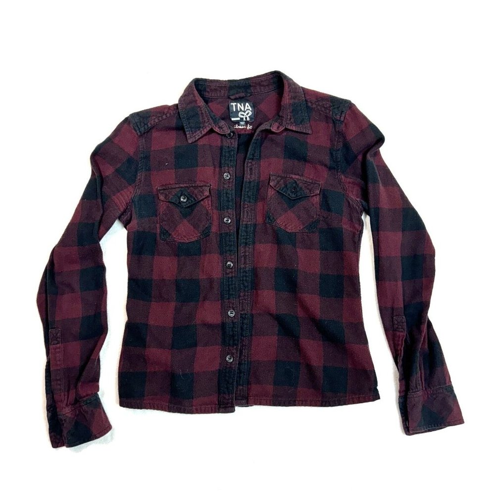 TNA Aritzia Women's S Classic Fit Red & Black Plaid Flannel Shirt Button Down